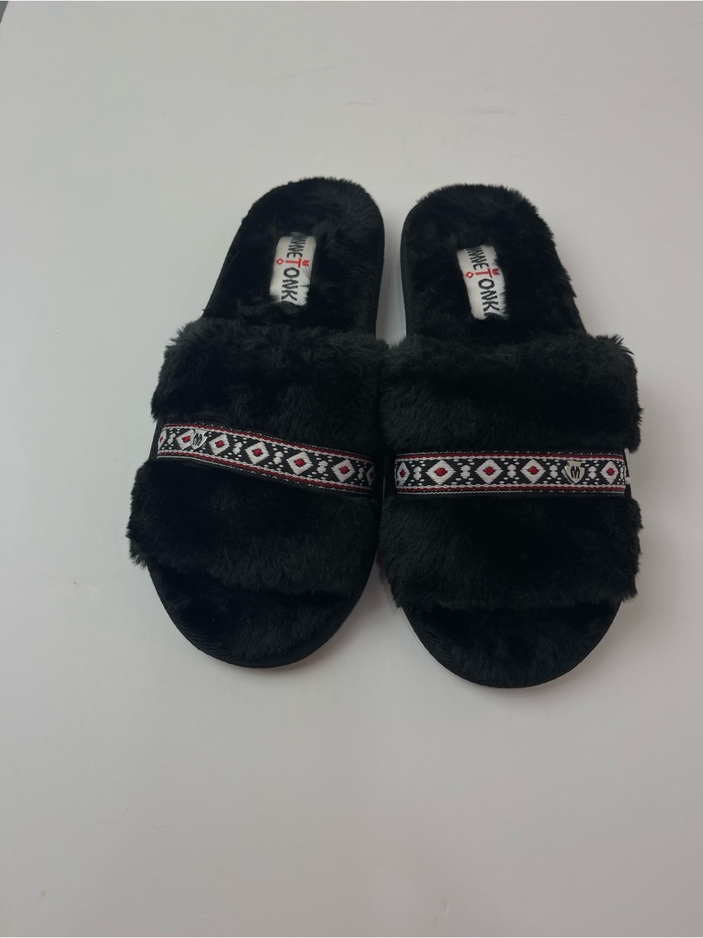 Minnetonka Faux Fur Slide Black Slippers Womens 7M